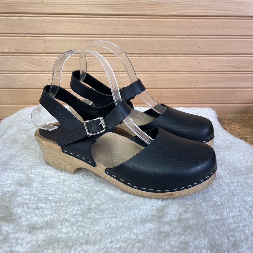 Lotta's Black Leather Low Wooden Clog